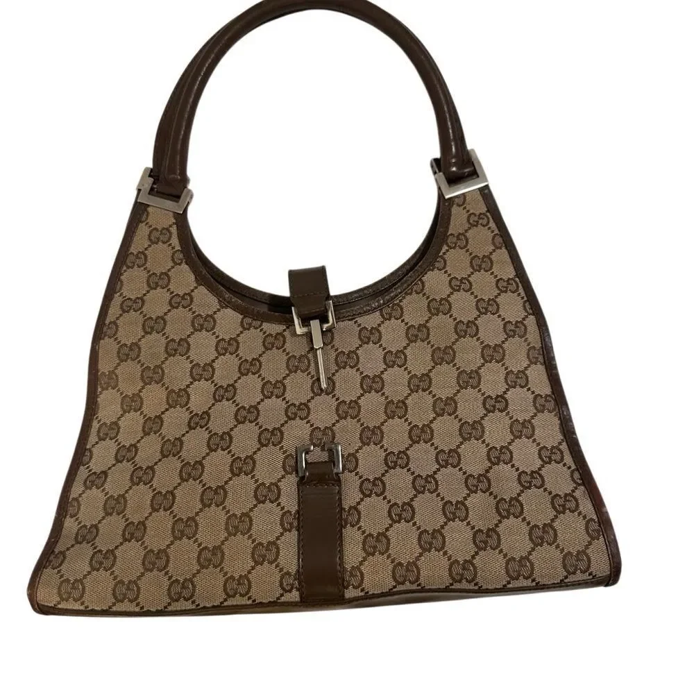 Gucci Brown and Tan Signature Jackie Hobo Bag (missing lock)